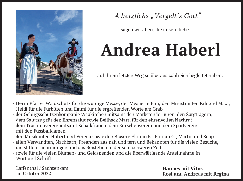  Traueranzeige für Andrea Haberl vom 01.10.2022 aus merkurtz