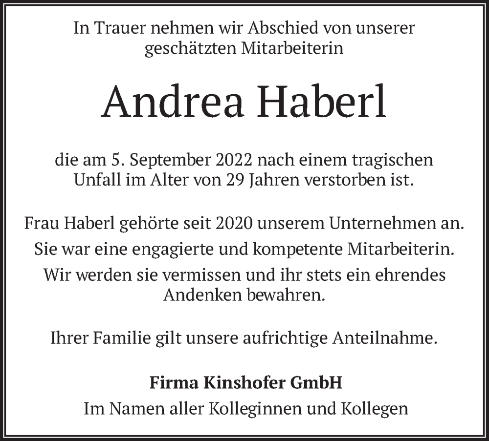  Traueranzeige für Andrea Haberl vom 13.09.2022 aus merkurtz