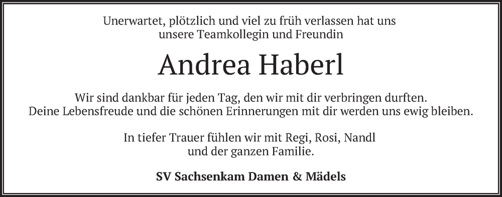 Traueranzeige für Andrea Haberl vom 15.09.2022 aus merkurtz