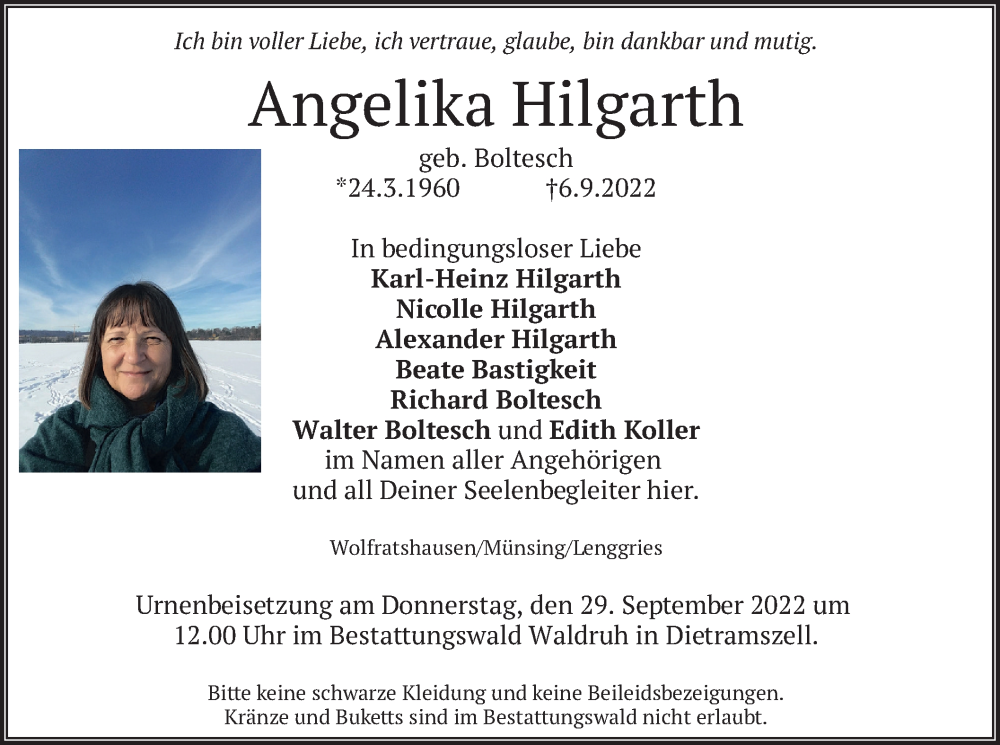  Traueranzeige für Angelika Hilgarth vom 24.09.2022 aus merkurtz