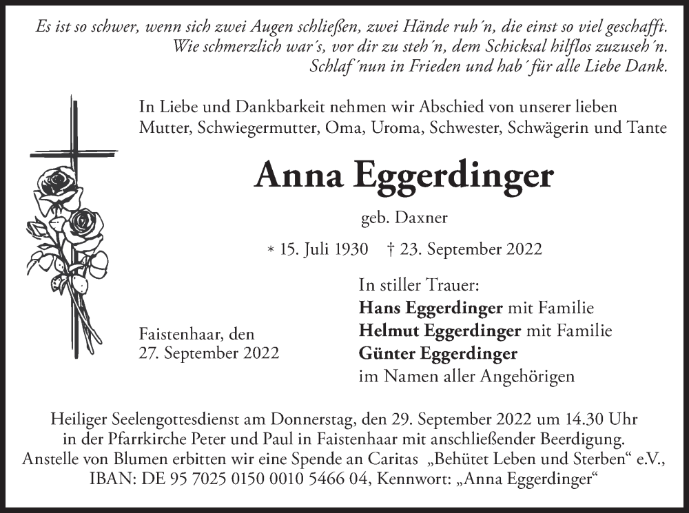  Traueranzeige für Anna Eggerdinger vom 27.09.2022 aus merkurtz