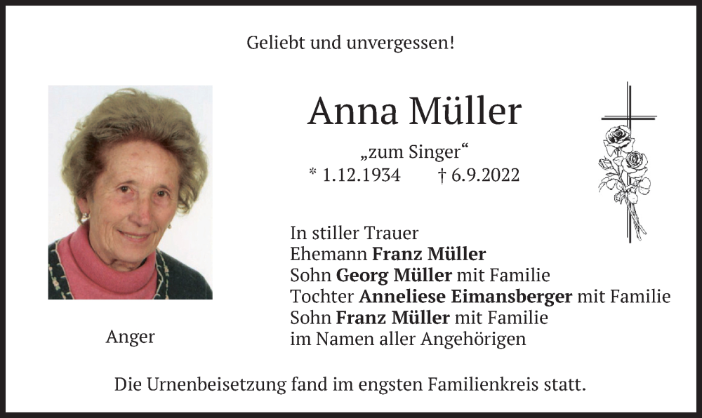  Traueranzeige für Anna Müller vom 21.09.2022 aus merkurtz