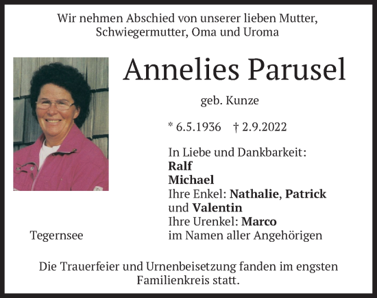 Traueranzeige von Annelies Parusel von merkurtz