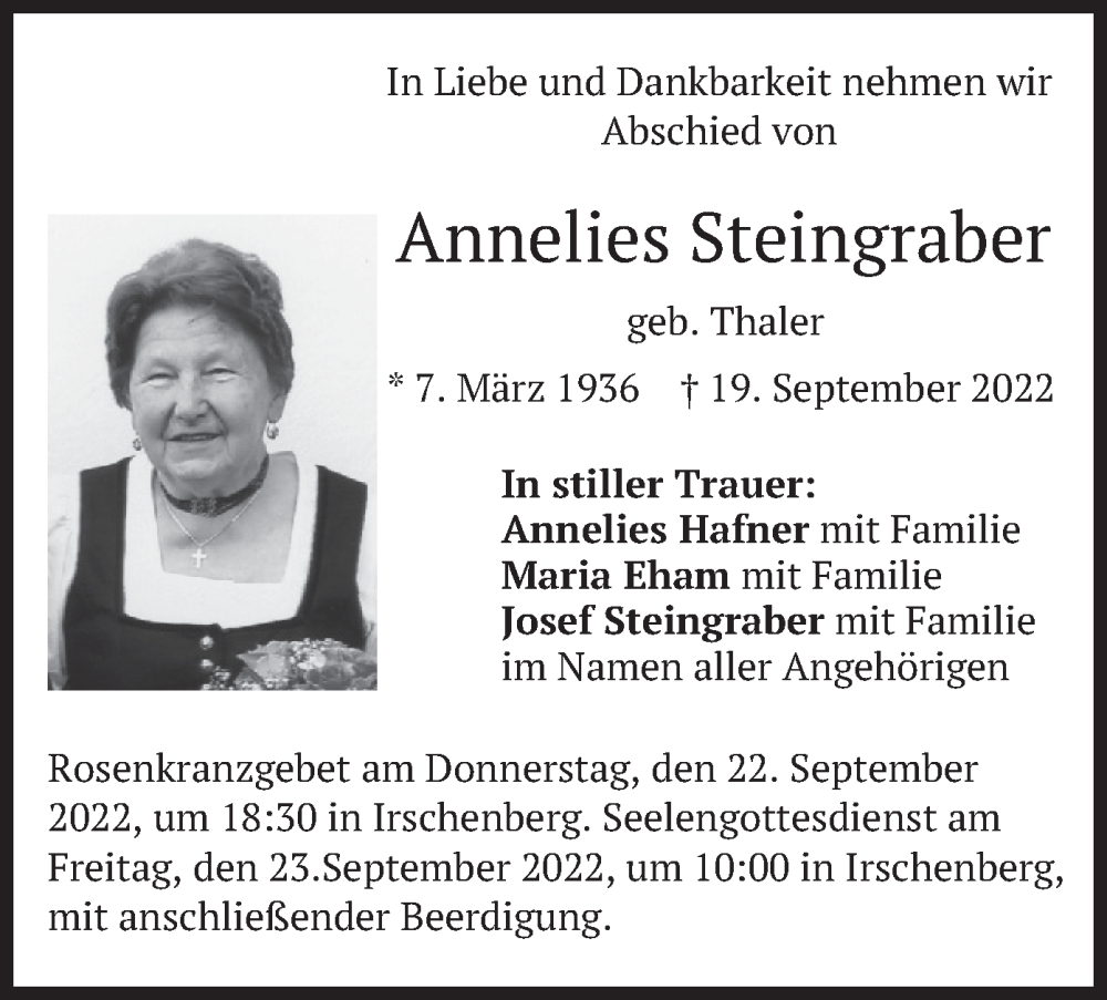  Traueranzeige für Annelies Steingraber vom 21.09.2022 aus merkurtz