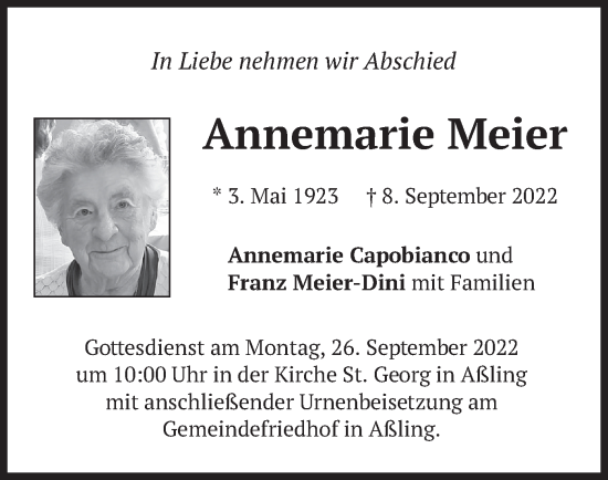 Traueranzeige von Annemarie Meier von merkurtz