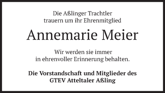 Traueranzeige von Annemarie Meier von merkurtz