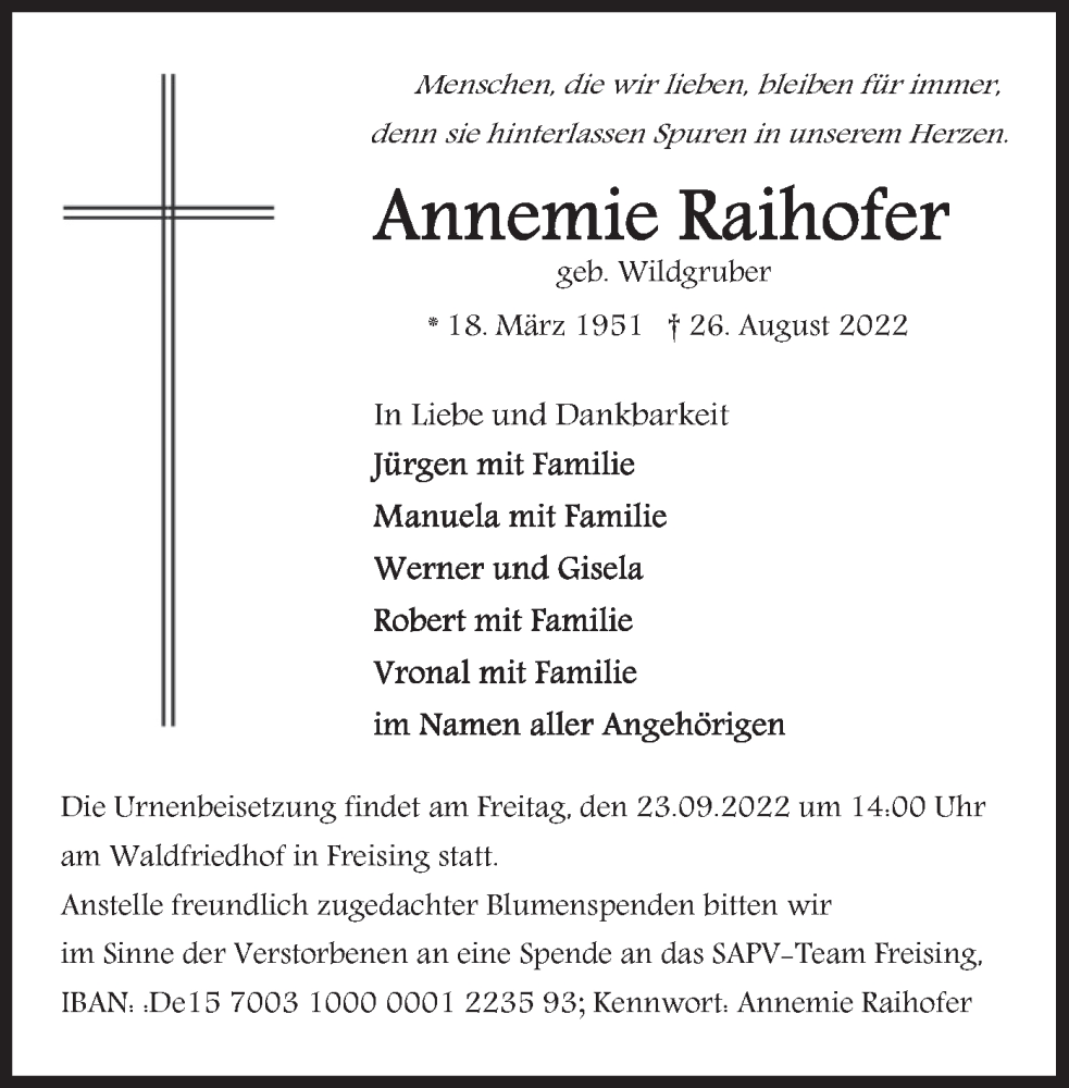  Traueranzeige für Annemie Raihofer vom 17.09.2022 aus merkurtz