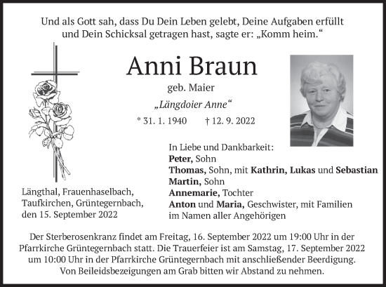 Traueranzeige von Anni Braun von merkurtz