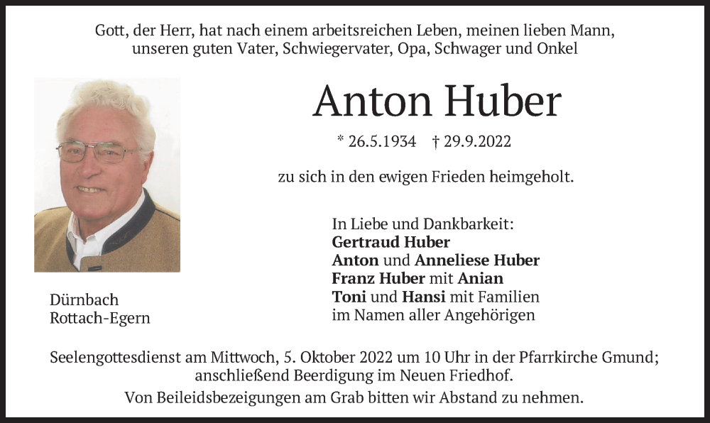  Traueranzeige für Anton Huber vom 01.10.2022 aus merkurtz