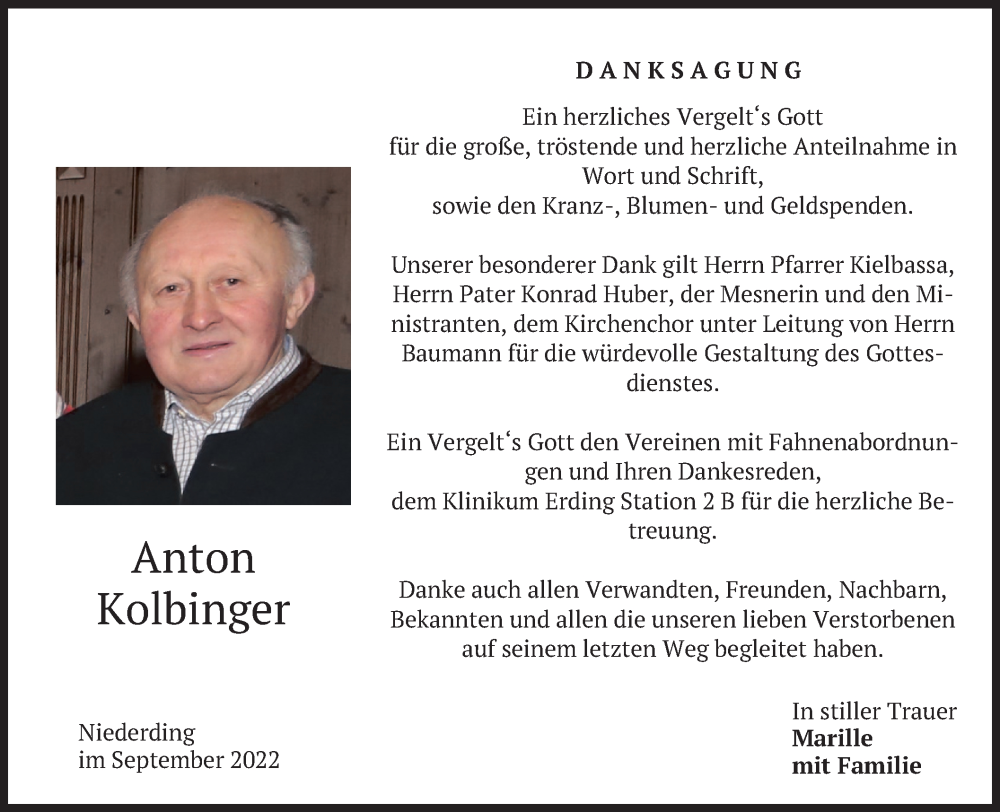  Traueranzeige für Anton Kolbinger vom 17.09.2022 aus merkurtz