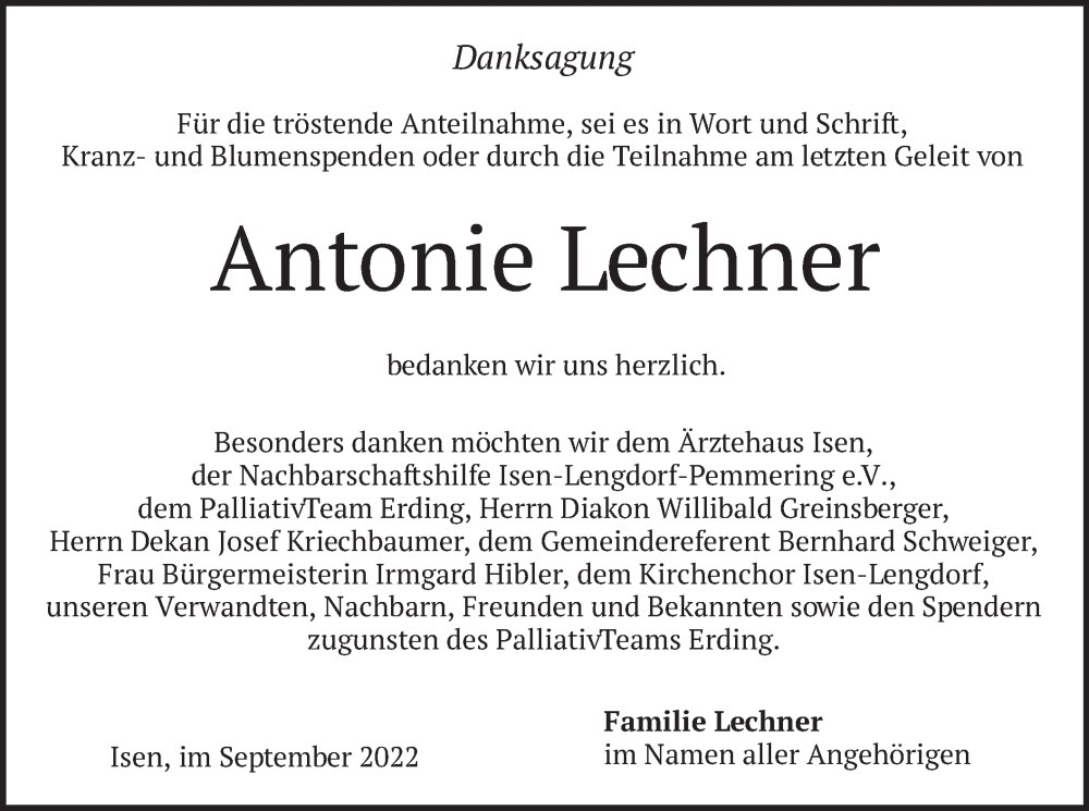  Traueranzeige für Antonie Lechner vom 24.09.2022 aus merkurtz