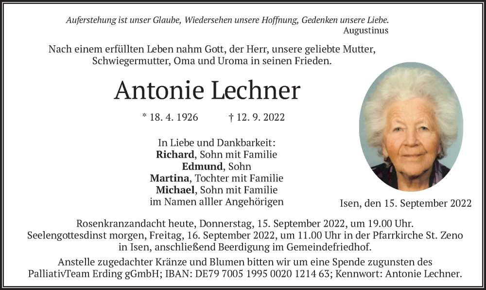  Traueranzeige für Antonie Lechner vom 15.09.2022 aus merkurtz