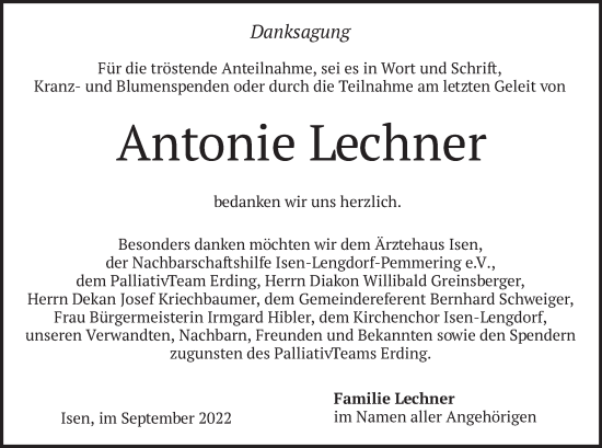 Traueranzeige von Antonie Lechner von merkurtz