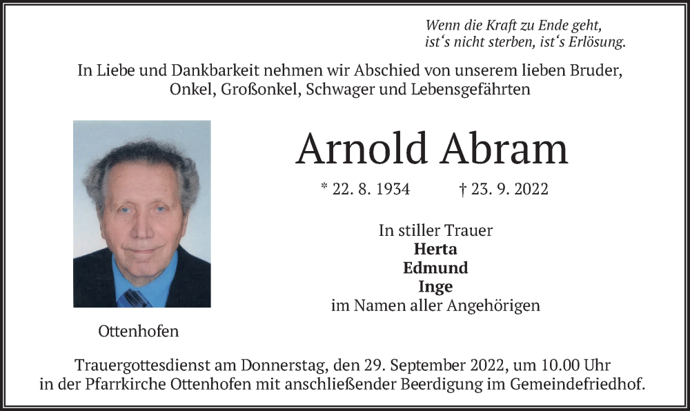  Traueranzeige für Arnold Abram vom 27.09.2022 aus merkurtz
