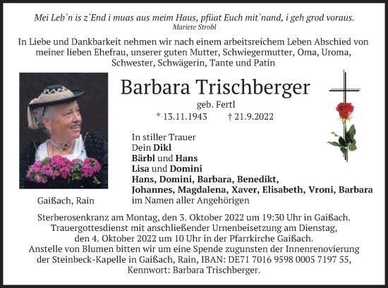 Traueranzeige von Barbara Trischberger von merkurtz