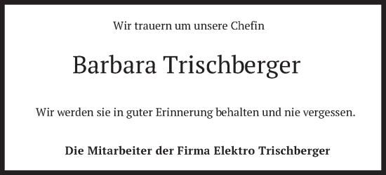 Traueranzeige von Barbara Trischberger von merkurtz