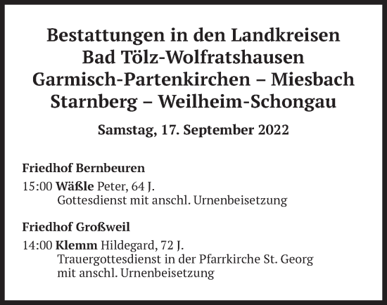 Traueranzeige von Bestattungskalender vom 17.09.2022 von merkurtz