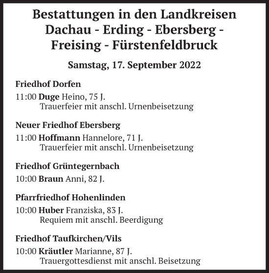 Traueranzeige von Bestattungskalender vom 17.09.2022 von merkurtz