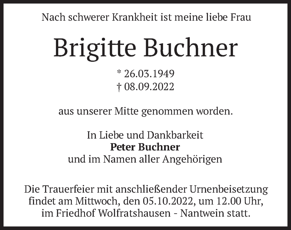  Traueranzeige für Brigitte Buchner vom 01.10.2022 aus merkurtz