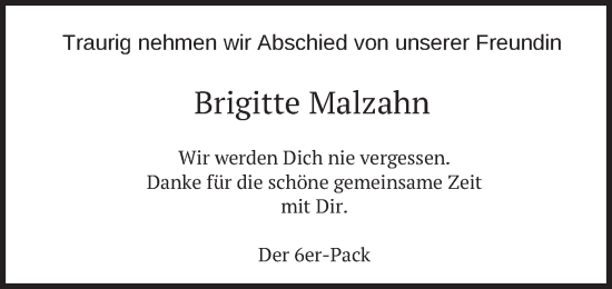 Traueranzeige von Brigitte Malzahn von merkurtz