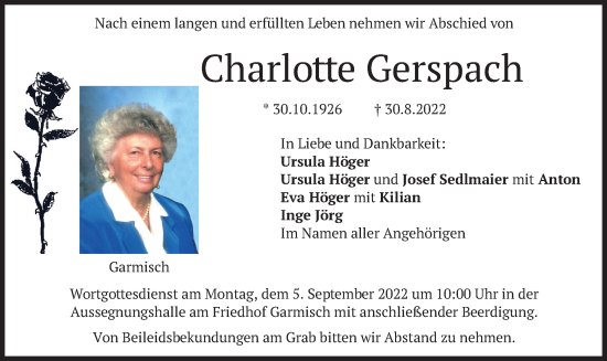 Traueranzeige von Charlotte Gerspach von merkurtz