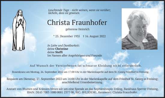 Traueranzeige von Christa Fraunhofer von merkurtz