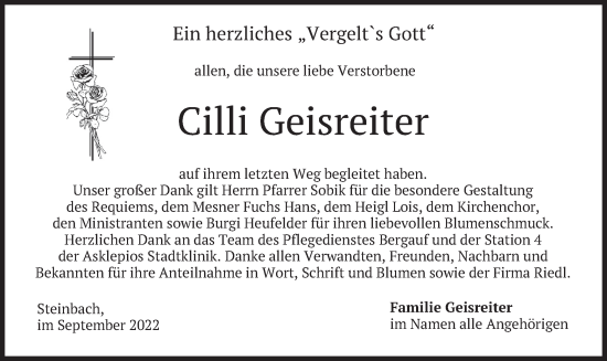 Traueranzeige von Cilli Geisreiter von merkurtz