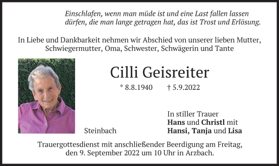 Traueranzeige von Cilli Geisreiter von merkurtz