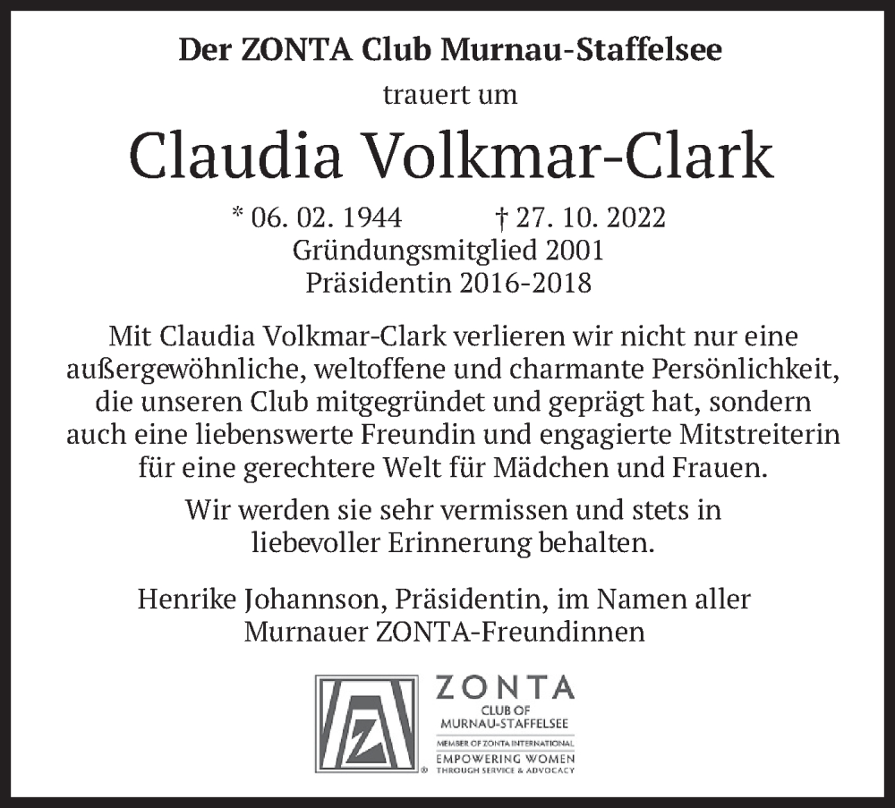  Traueranzeige für Claudia Volkmar-Clark vom 01.10.2022 aus merkurtz