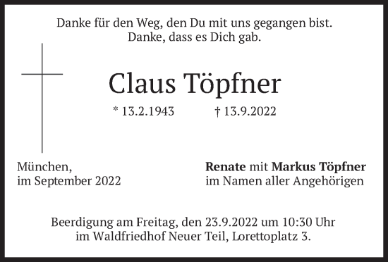Traueranzeige von Claus Töpfner von merkurtz