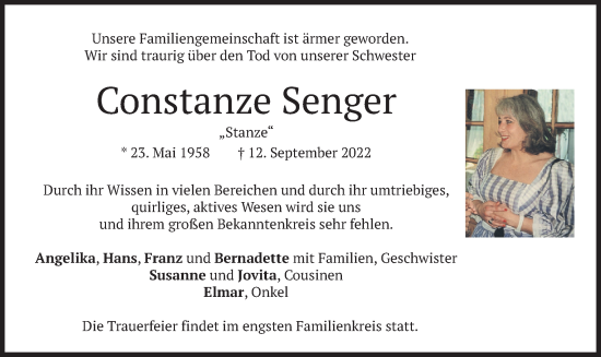 Traueranzeige von Constanze Senger von merkurtz