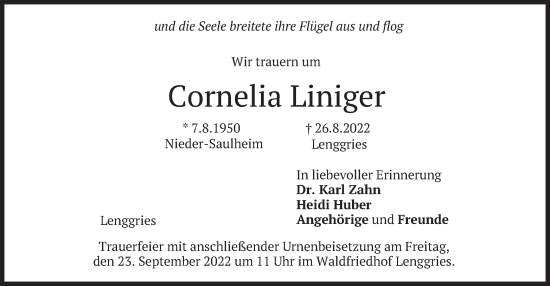 Traueranzeige von Cornelia Liniger von merkurtz