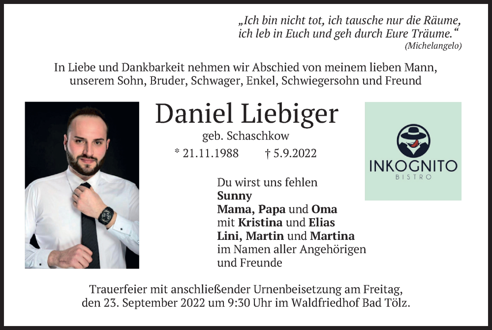  Traueranzeige für Daniel Liebiger vom 17.09.2022 aus merkurtz