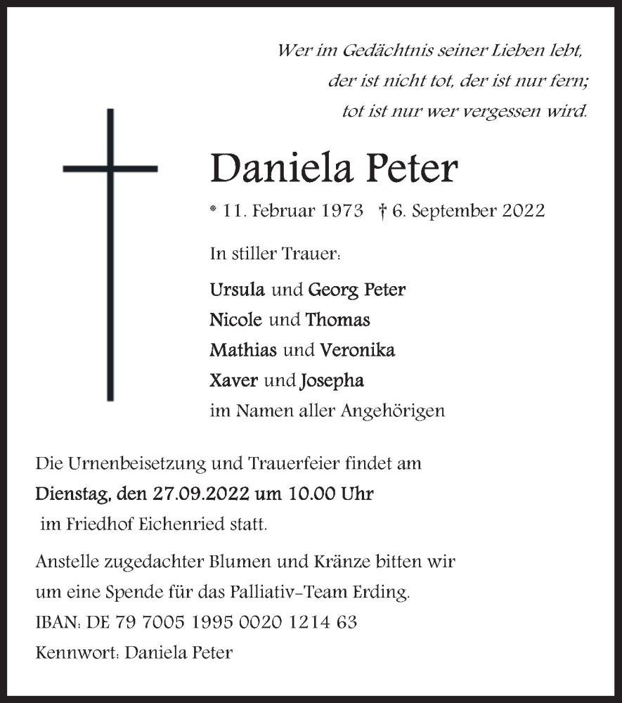  Traueranzeige für Daniela Peter vom 23.09.2022 aus merkurtz