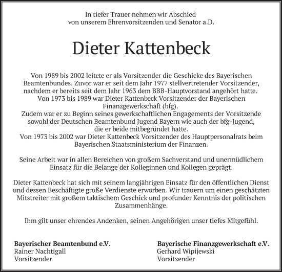 Traueranzeige von Dieter Kattenbeck von merkurtz