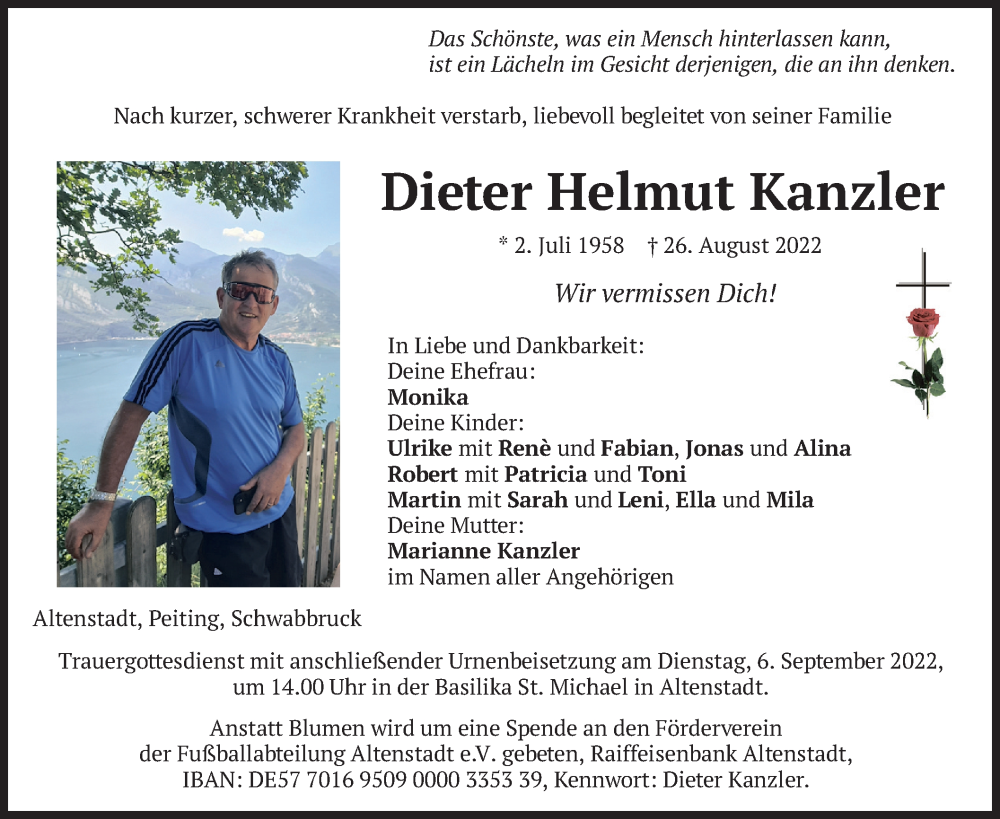  Traueranzeige für Dieter Helmut Kanzler vom 02.09.2022 aus merkurtz