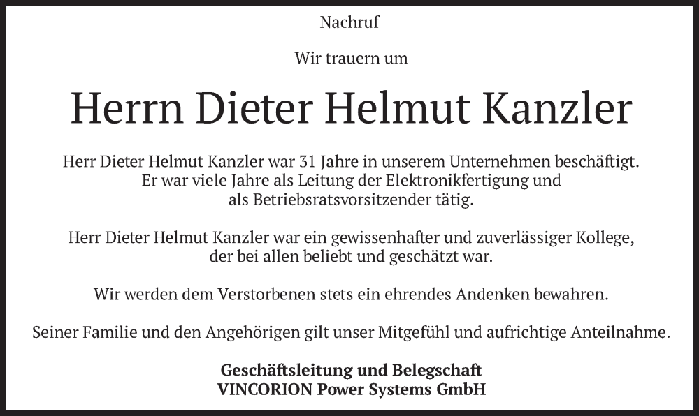  Traueranzeige für Dieter Helmut Kanzler vom 03.09.2022 aus merkurtz