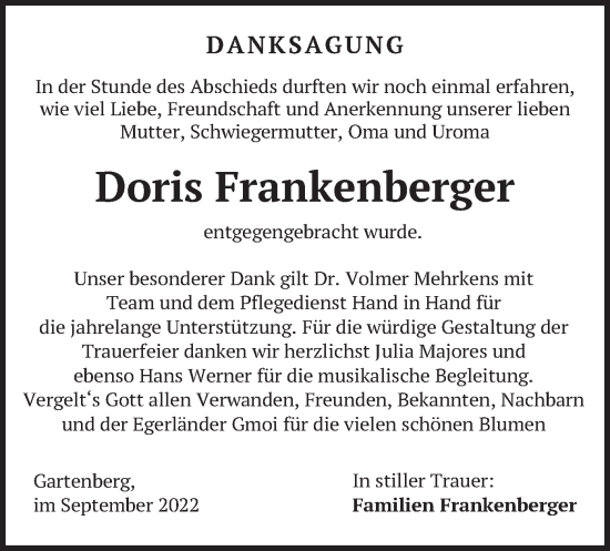 Traueranzeige von Doris Frankenberger von merkurtz