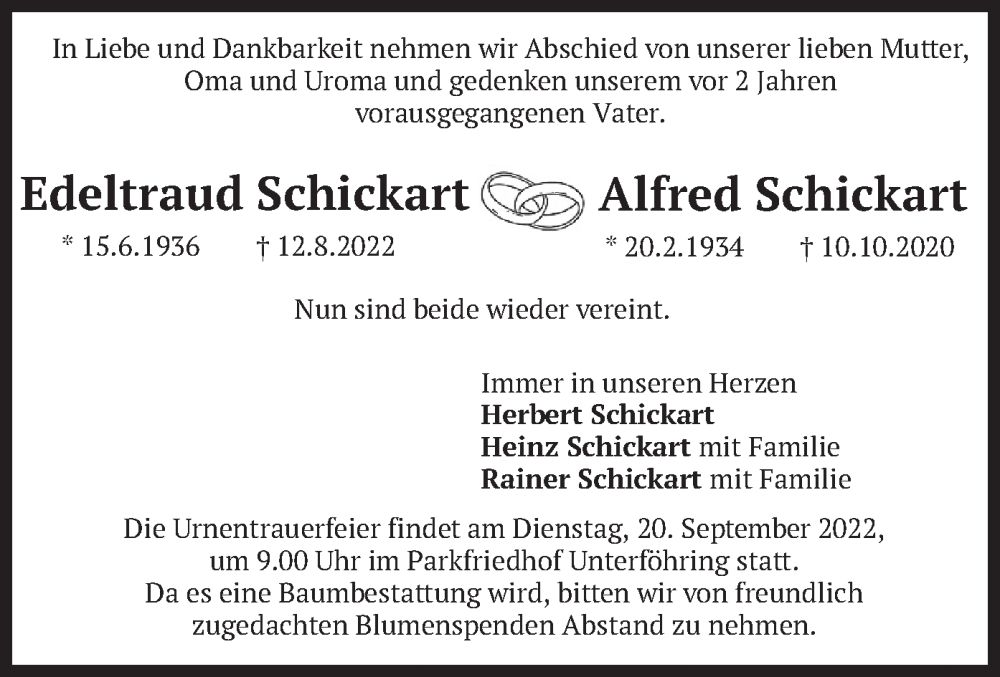  Traueranzeige für Edeltraud und Alfred Schickart vom 10.09.2022 aus merkurtz