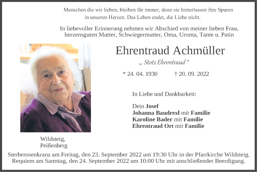 Traueranzeige für Ehrentraud Achmüller vom 21.09.2022 aus merkurtz