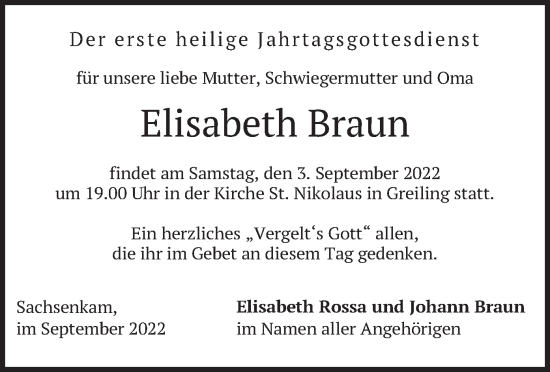 Traueranzeige von Elisabeth Braun von merkurtz