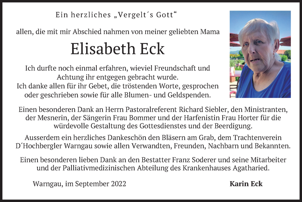  Traueranzeige für Elisabeth Eck vom 10.09.2022 aus merkurtz