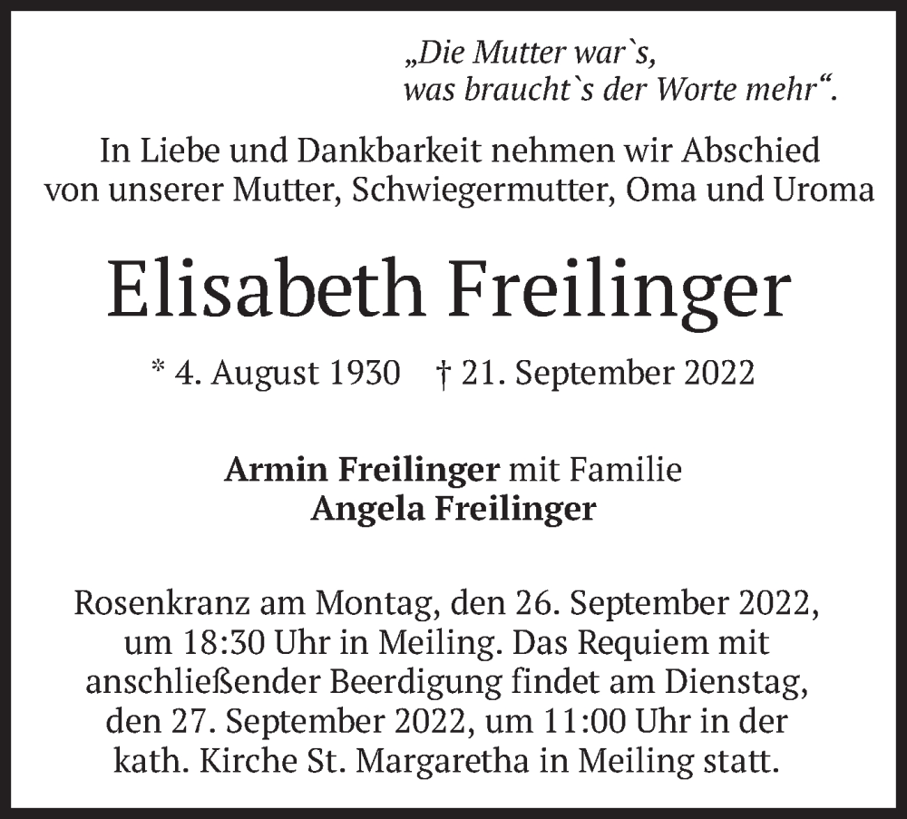  Traueranzeige für Elisabeth Freilinger vom 23.09.2022 aus merkurtz