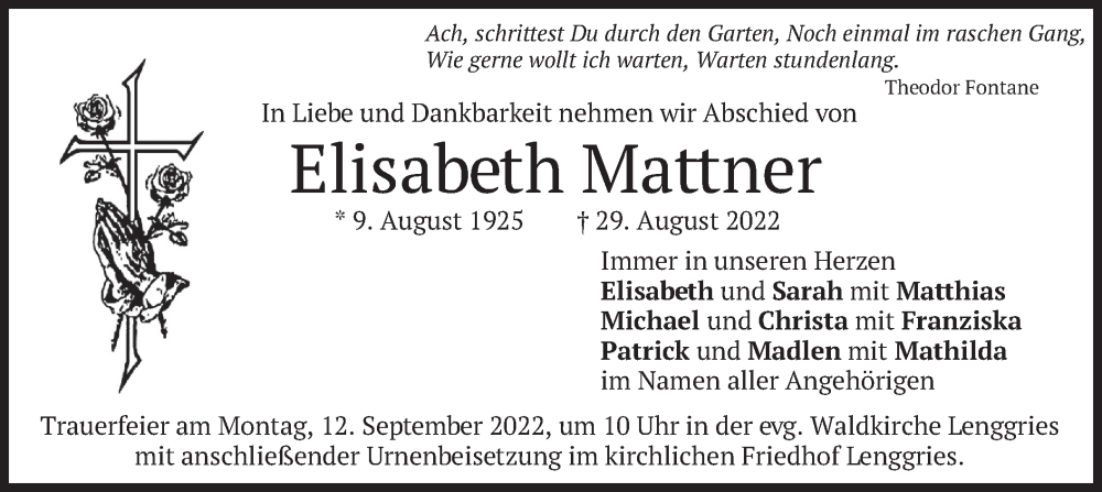  Traueranzeige für Elisabeth Mattner vom 09.09.2022 aus merkurtz