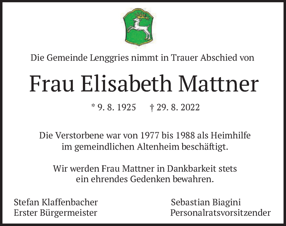  Traueranzeige für Elisabeth Mattner vom 13.09.2022 aus merkurtz