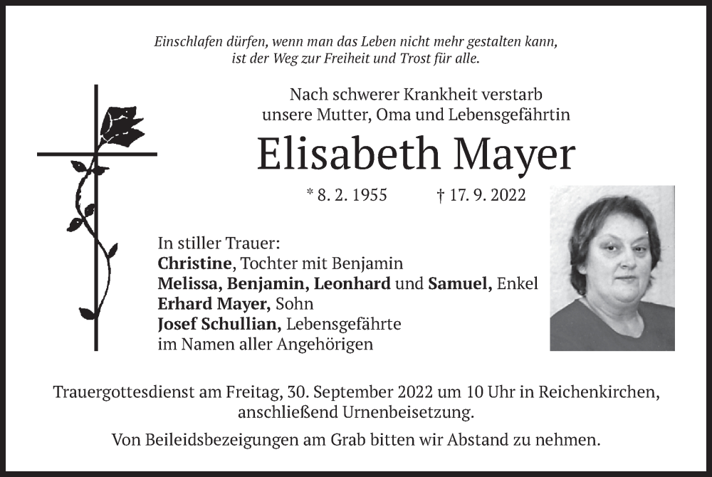  Traueranzeige für Elisabeth Mayer vom 28.09.2022 aus merkurtz