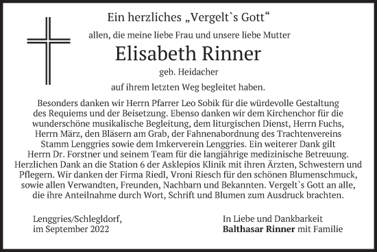 Traueranzeige von Elisabeth Rinner von merkurtz
