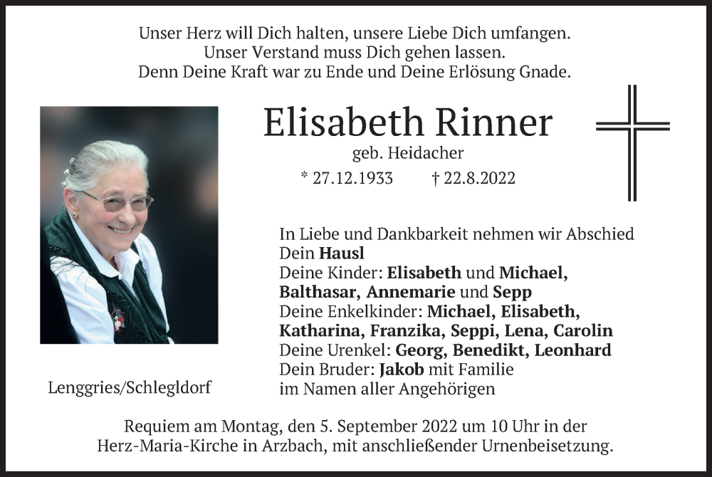  Traueranzeige für Elisabeth Rinner vom 02.09.2022 aus merkurtz