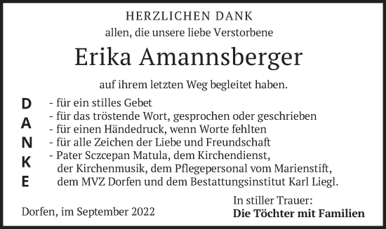 Traueranzeige von Erika Amannsberger von merkurtz