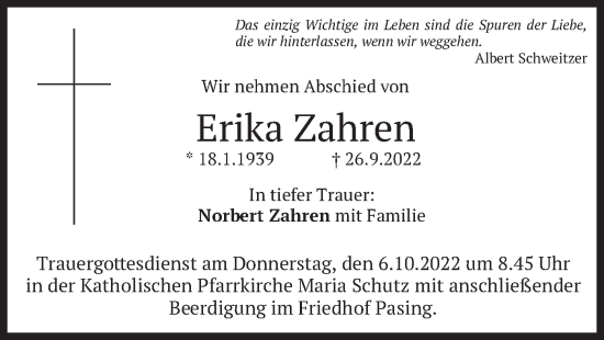 Traueranzeige von Erika Zahren von merkurtz